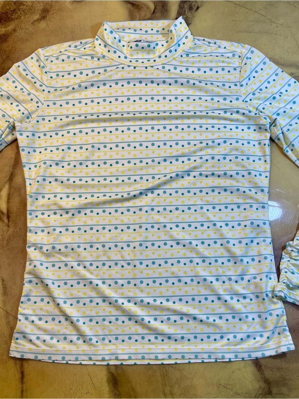 Tigora Polka Dot Stripe Turtleneck Top in White, Teal & Yellow